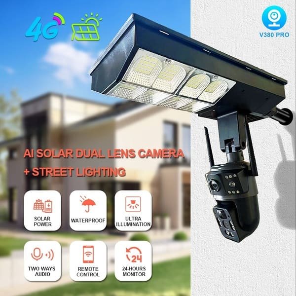 Solar Powered Street Floodlight With Dual Lens Security CCTV Camera Outdoor 4G V380 App