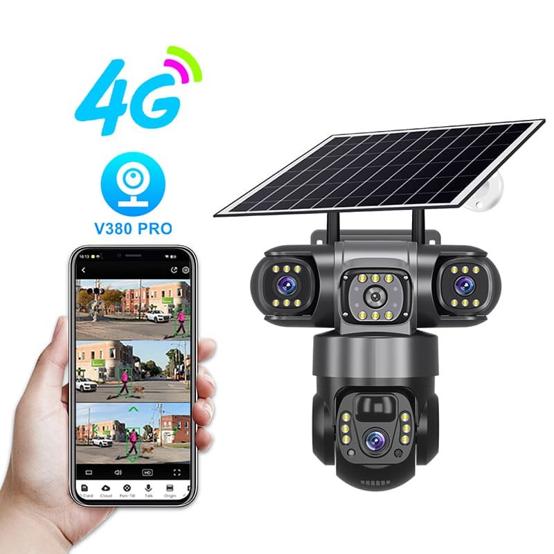 True 3 Lenses Low Power Solar Powered PTZ Security Camera 4G V380 Pro App Outdoor Solar Security Cctv Camera