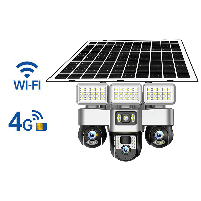 True 3 Lenses and 3 Screens Solar Powered PTZ Security Camera + Led lighting 2 in 1 Outdoor Solar Security Camera with lighting 4G V380 App