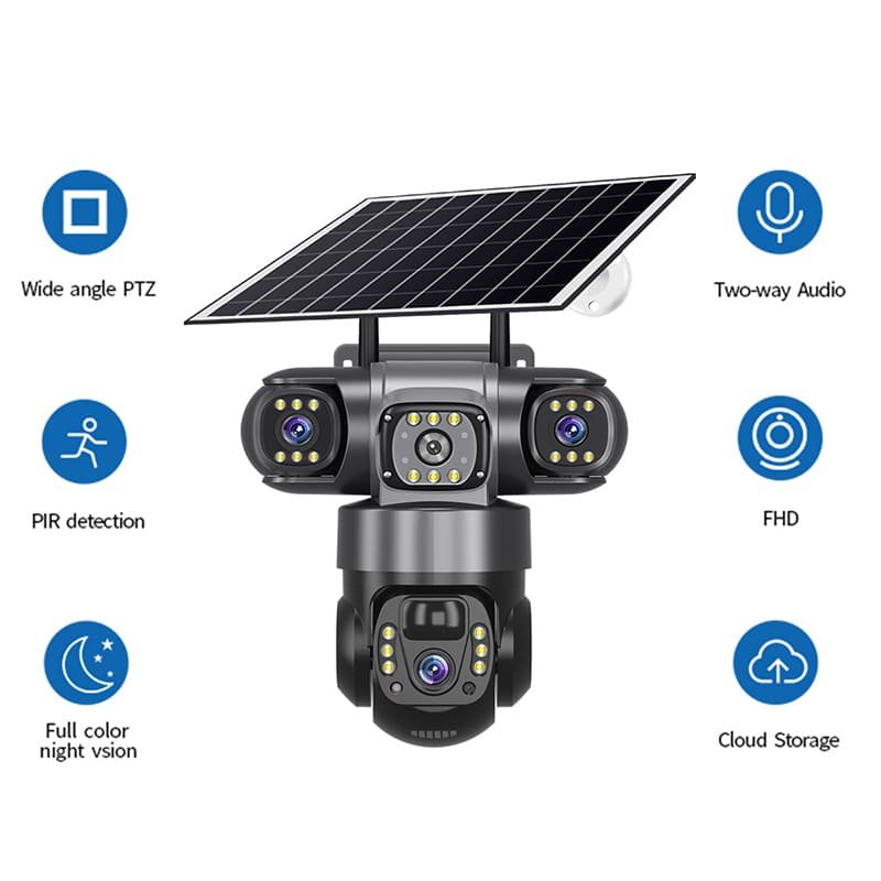 True 3 Lenses Low Power Solar Powered PTZ Security Camera 4G V380 Pro App Outdoor Solar Security Cctv Camera