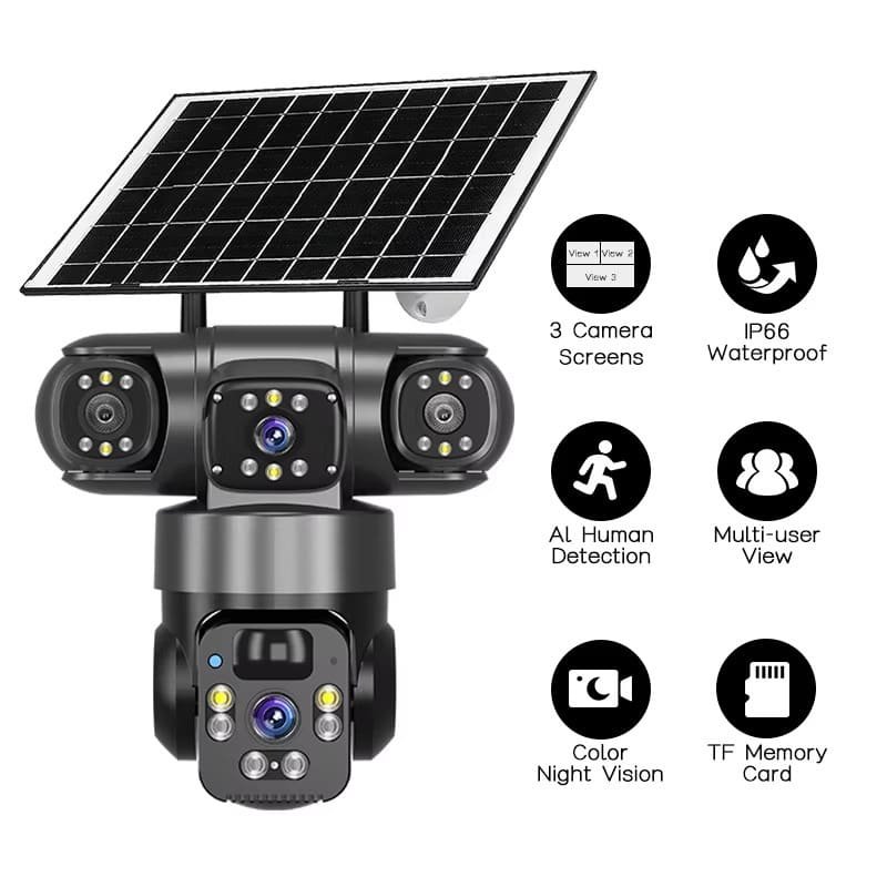 Outdoor Triple Lens 6MP 4G Solar Powered Ptz Security Camera