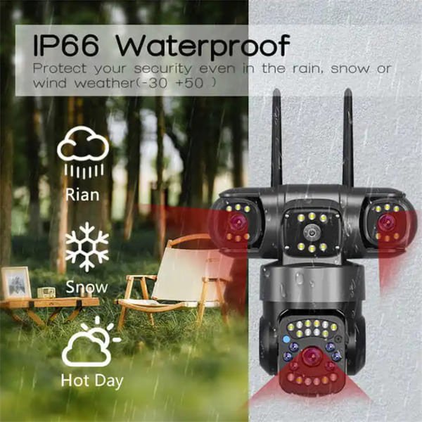 Outdoor Waterproof IP Camera Three Lenses WiFi CCTV Security PTZ Cameras 6MP HD Smart Home Surveillance Camera 4G With External Power Adapter