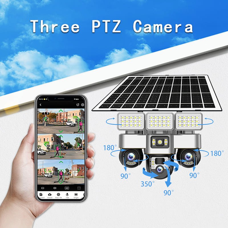 True 3 Lenses and 3 Screens Solar Powered PTZ Security Camera + Led lighting 2 in 1 Outdoor Solar Security Camera with lighting 4G V380 App