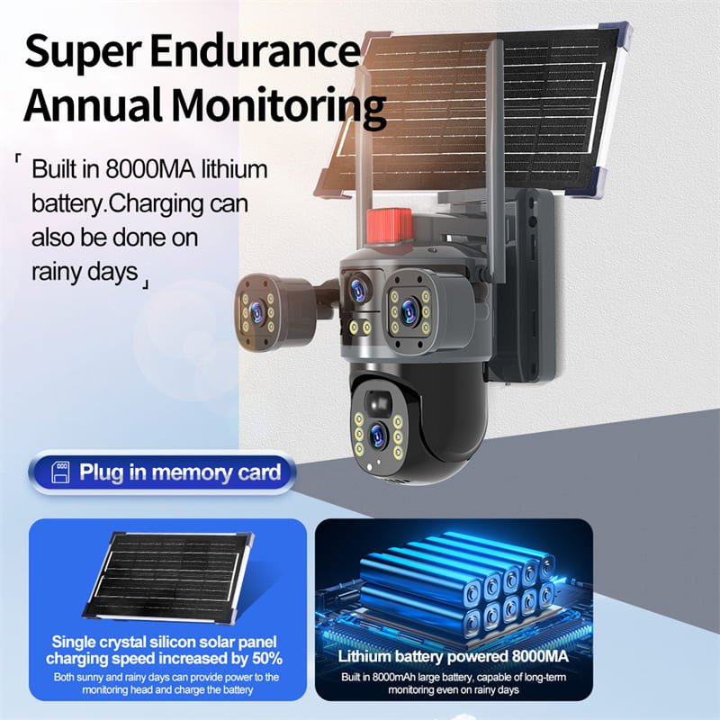 True 3 Lenses 6MP Low Power Solar Powered PTZ Security Camera 4G V380 Pro App