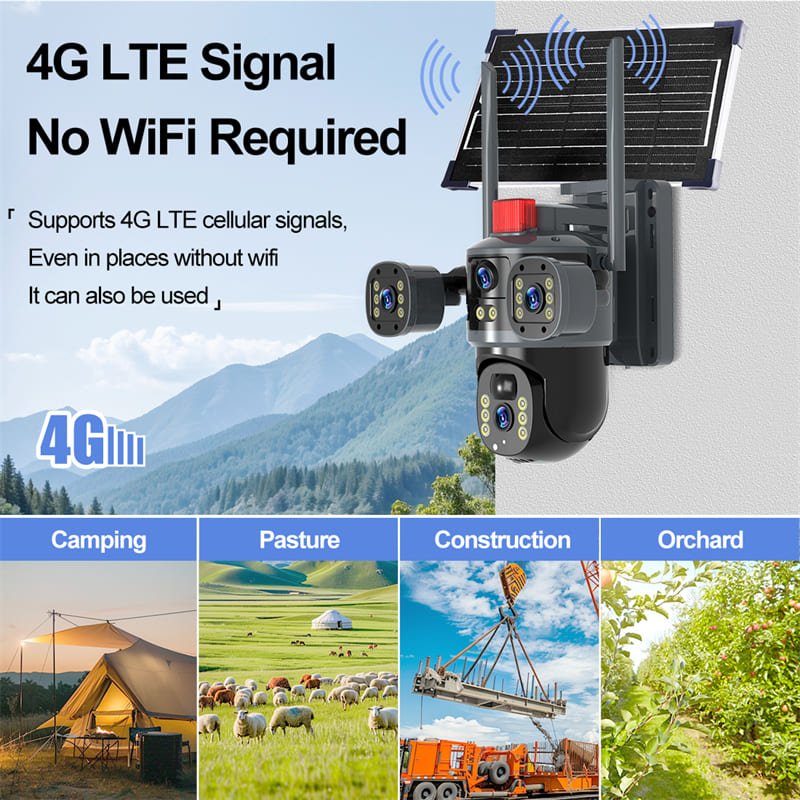 True 3 Lenses 6MP Low Power Solar Powered PTZ Security Camera 4G V380 Pro App