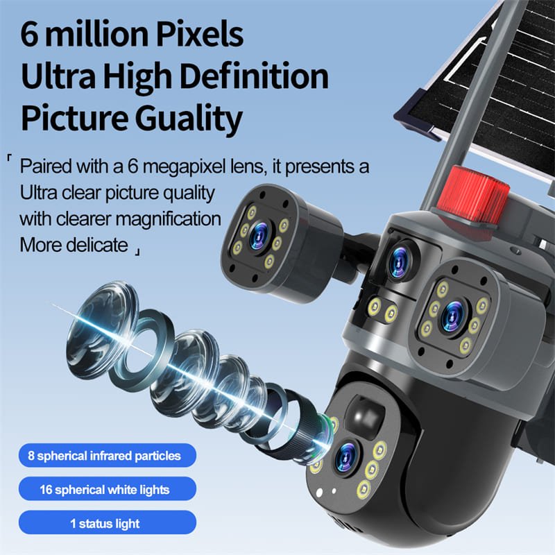 True 3 Lenses 6MP Low Power Solar Powered PTZ Security Camera 4G V380 Pro App