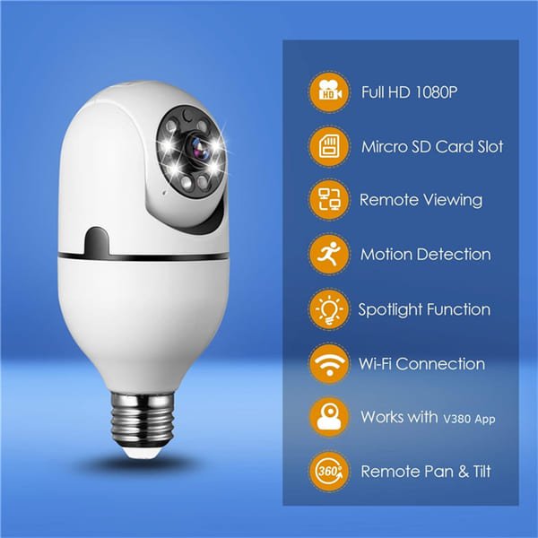 1080P E27 indoor Single len WiFi Light Bulb PTZ Camera V380 App