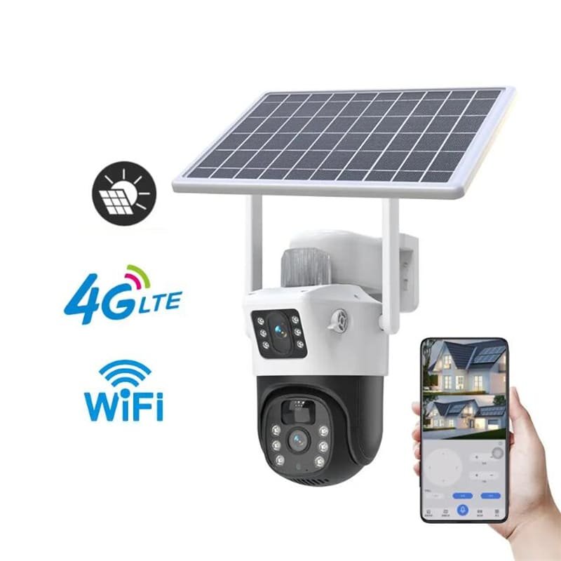 Dual Lens Solar Powered PTZ Cameras 4MP 4G V380 App Outdoor WiFi Solar CCTV Security Camera