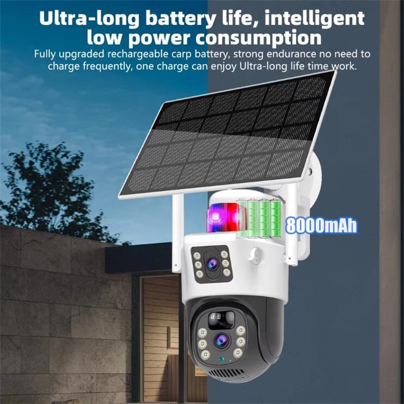 Dual Lens Solar Powered PTZ Cameras 4MP 4G V380 App Outdoor WiFi Solar CCTV Security Camera