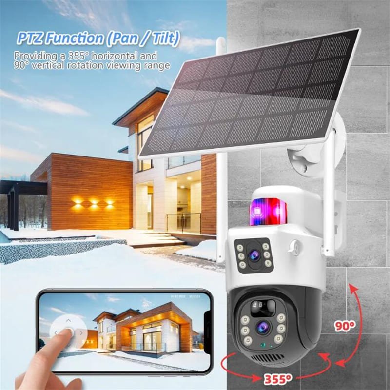 Dual Lens Solar Powered PTZ Cameras 4MP 4G V380 App Outdoor WiFi Solar CCTV Security Camera