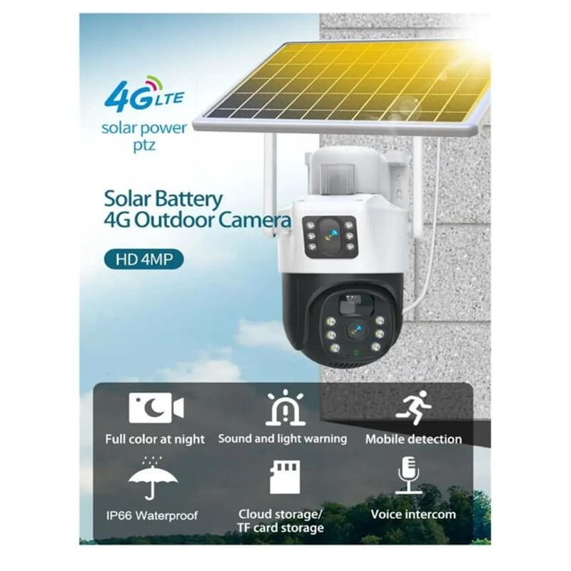 Dual Lens Solar Powered PTZ Cameras 4MP 4G V380 App Outdoor WiFi Solar CCTV Security Camera