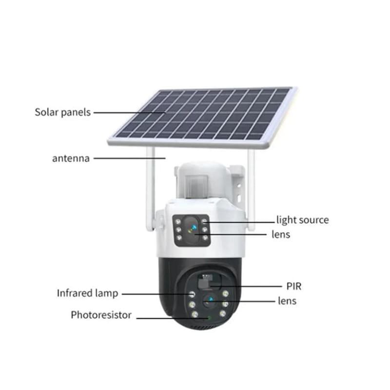 Dual Lens Solar Powered PTZ Cameras 4MP 4G V380 App Outdoor WiFi Solar CCTV Security Camera