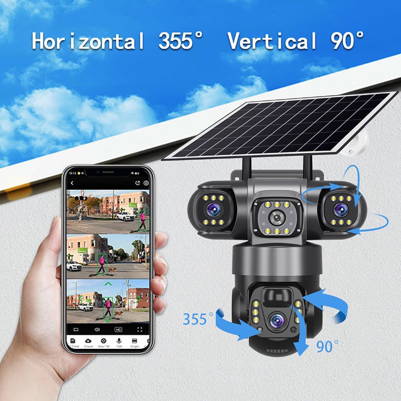 True 3 Lenses Low Power Solar Powered PTZ Security Camera 4G V380 Pro App Outdoor Solar Security Cctv Camera