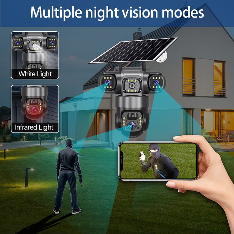True 3 Lenses Low Power Solar Powered PTZ Security Camera 4G V380 Pro App Outdoor Solar Security Cctv Camera
