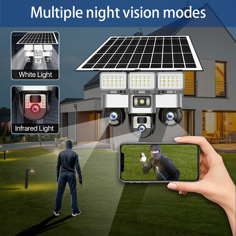True 3 Lenses and 3 Screens Solar Powered PTZ Security Camera + Led lighting 2 in 1 Outdoor Solar Security Camera with lighting 4G V380 App