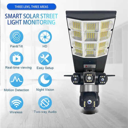 V380Pro 3-Lens 6MP Solar Powered PTZ Security Camera With Outdoor Street Light CCTV Camera 4G Sim Card  