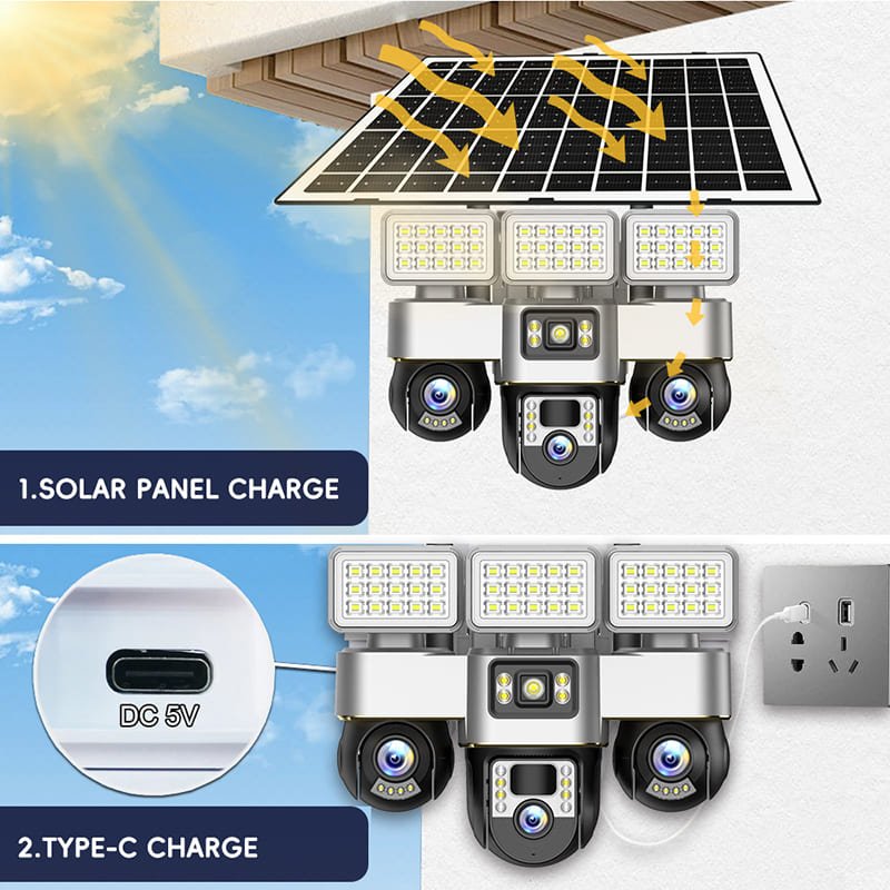 True 3 Lenses and 3 Screens Solar Powered PTZ Security Camera + Led lighting 2 in 1 Outdoor Solar Security Camera with lighting 4G V380 App