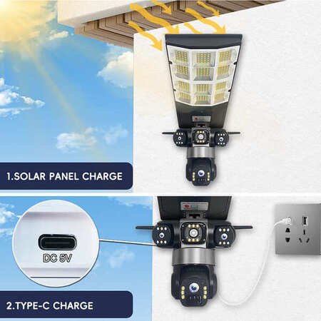 V380Pro 3-Lens 6MP Solar Powered PTZ Security Camera With Outdoor Street Light CCTV Camera 4G Sim Card  
