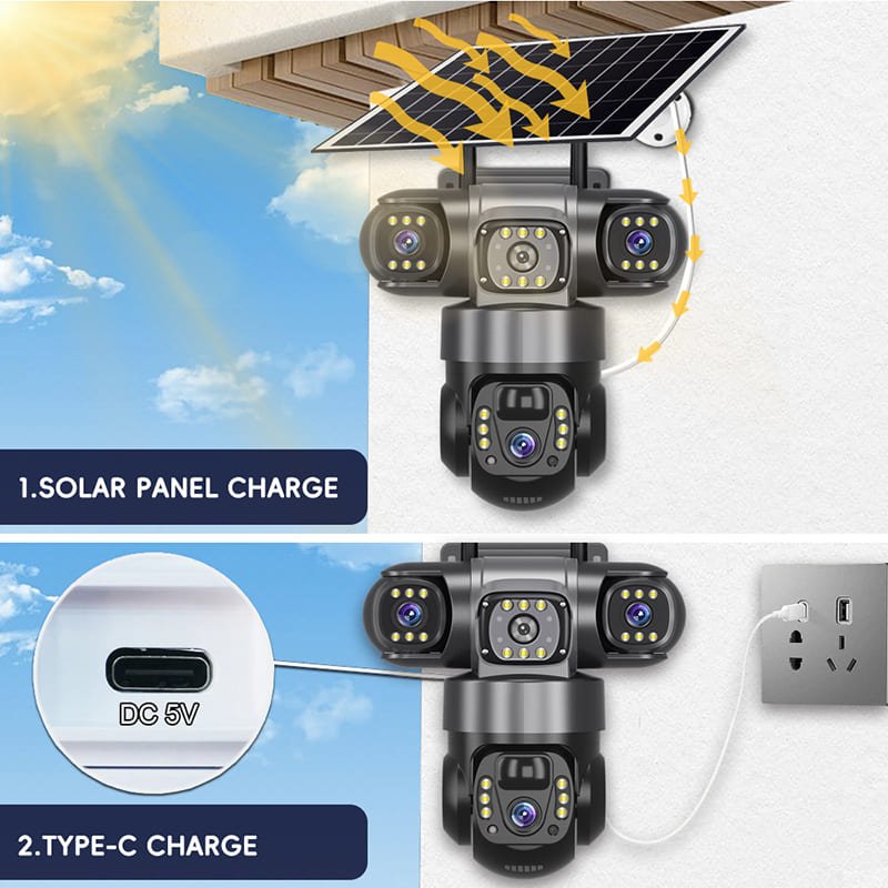 True 3 Lenses Low Power Solar Powered PTZ Security Camera 4G V380 Pro App Outdoor Solar Security Cctv Camera