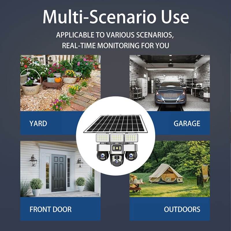 True 3 Lenses and 3 Screens Solar Powered PTZ Security Camera + Led lighting 2 in 1 Outdoor Solar Security Camera with lighting 4G V380 App